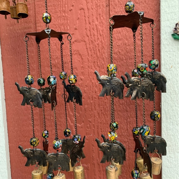 Elephant Boho Wind Chime Mobile w/ Millefiori Porcelain Beads Recycled Cow Bells - Picture 5 of 13